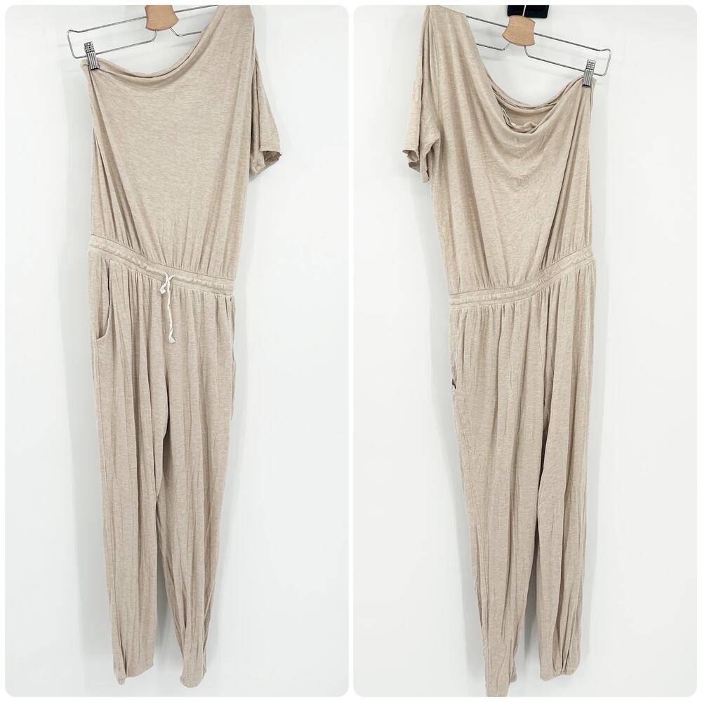 Cherish Womens Lounge‎ Neutral Athleisure Drawstring Waist One Shoulder Jumpsuit
